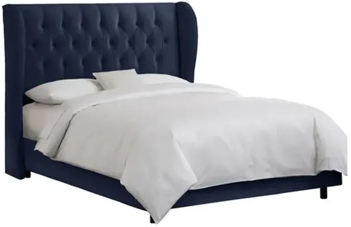 Reed Velvet Wingback Bed - Handcrafted - Blue, Mattress, Box Spring Required