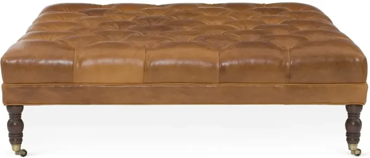 Evo Square Tufted Cocktail Ottoman, Caramel Leather