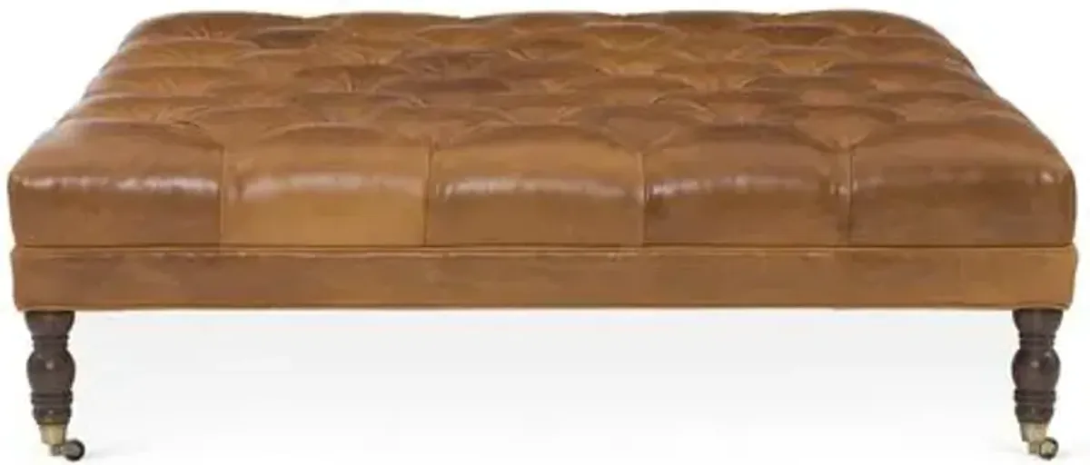Evo Square Tufted Cocktail Ottoman - Caramel Leather - Miles Talbott - Handcrafted - Brown