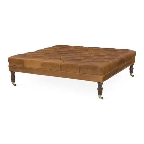 Evo Tufted Cocktail Ottoman - Caramel Leather - Miles Talbott - Handcrafted - Brown