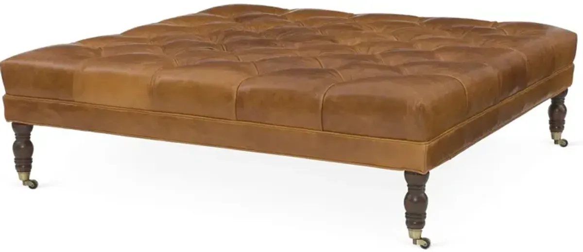 Evo Square Tufted Cocktail Ottoman, Caramel Leather
