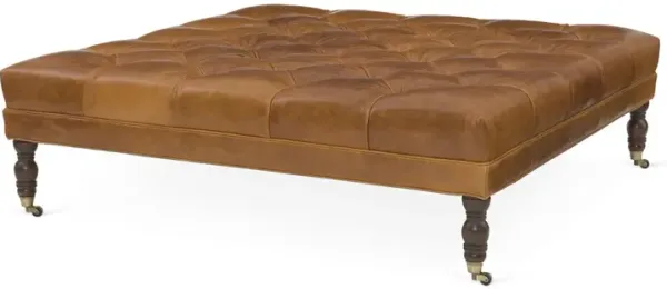 Evo Square Tufted Cocktail Ottoman, Caramel Leather
