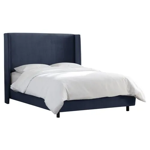 Kelly Velvet Wingback Bed - Handcrafted - Blue, Mattress, Box Spring Required