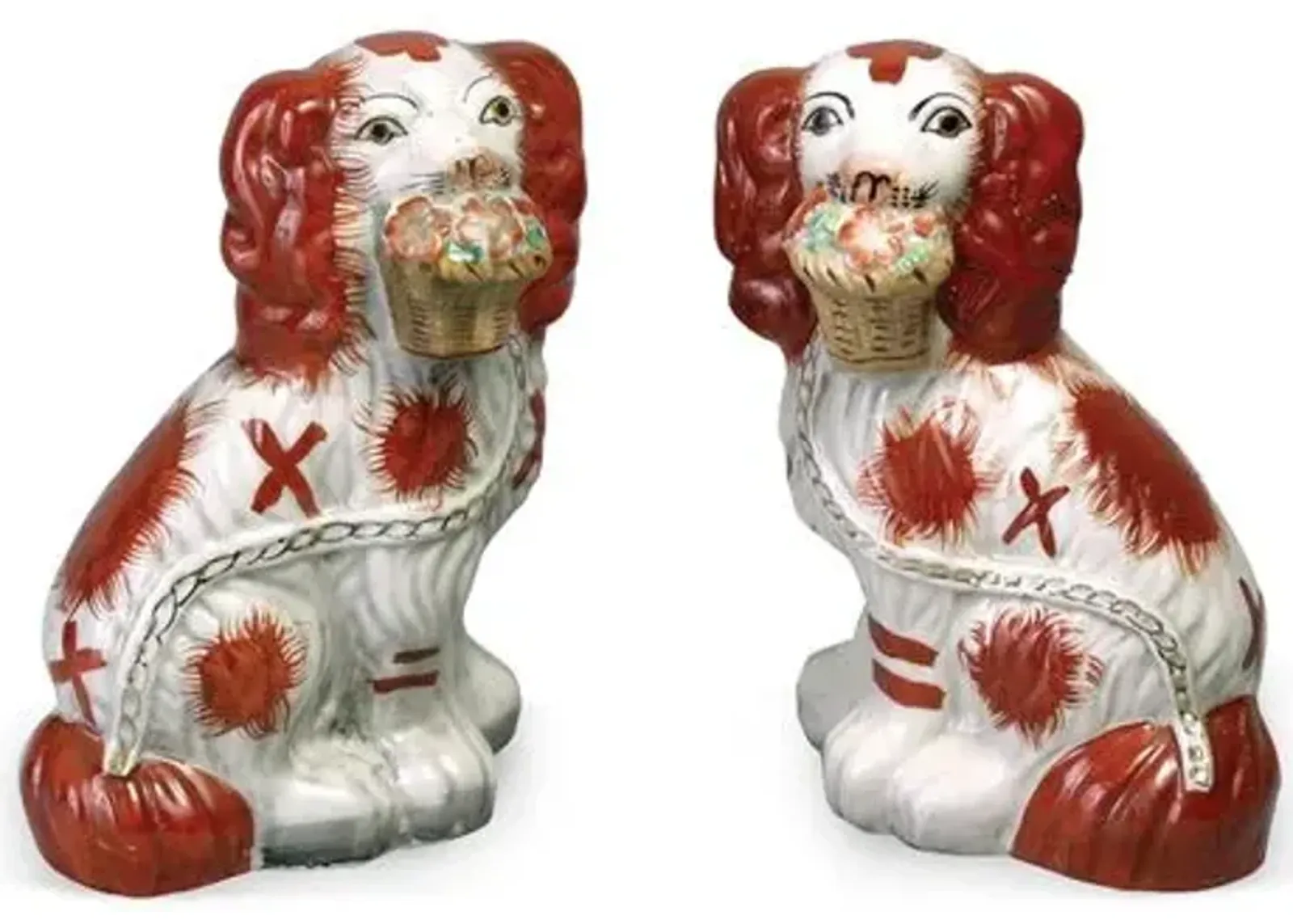 Set of 2 Staffordshire Dogs with Flower Baskets - Red