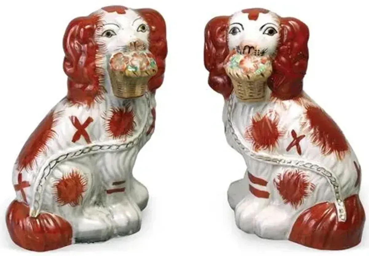 Set of 2 Staffordshire Dogs with Flower Baskets - Red