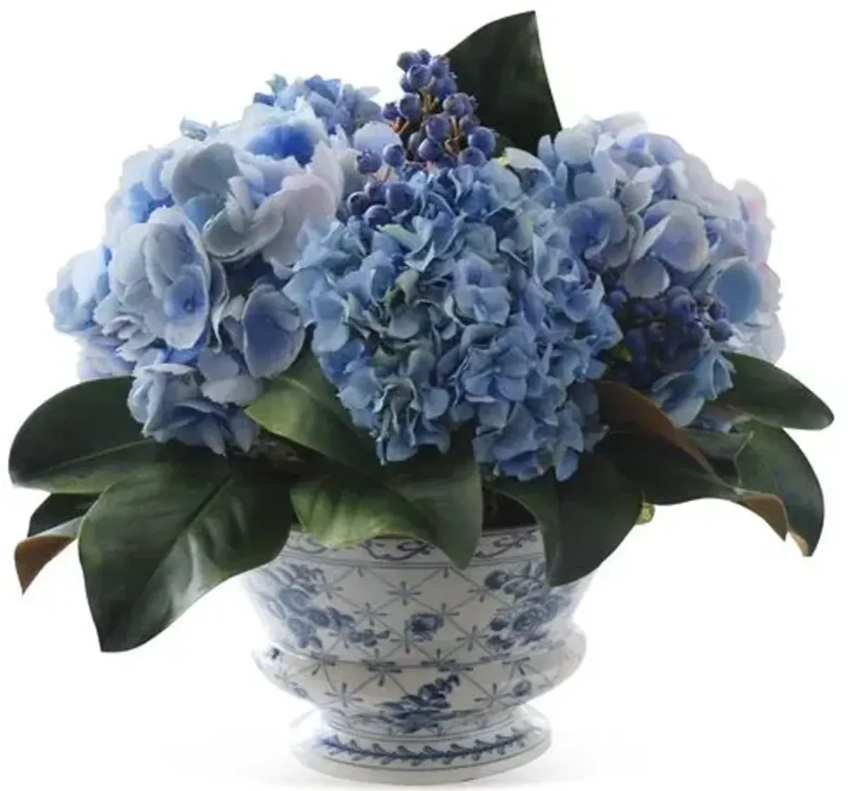 14'' Hydrangeas & Berries in Vase - Faux - Blue