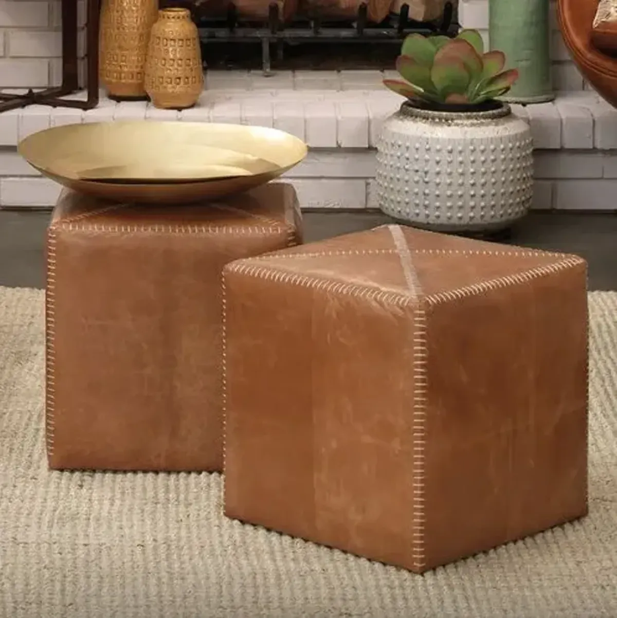 Tanner Leather Square Pouf - Camel - Jamie Young Co. - Brown