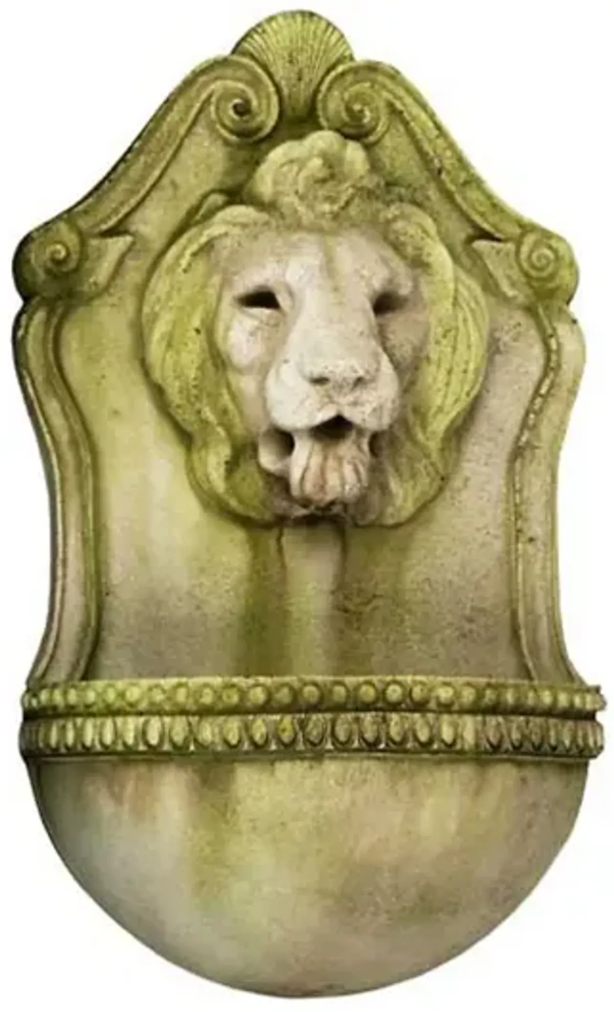 24" Aged Lion Wall Fountain, White Moss