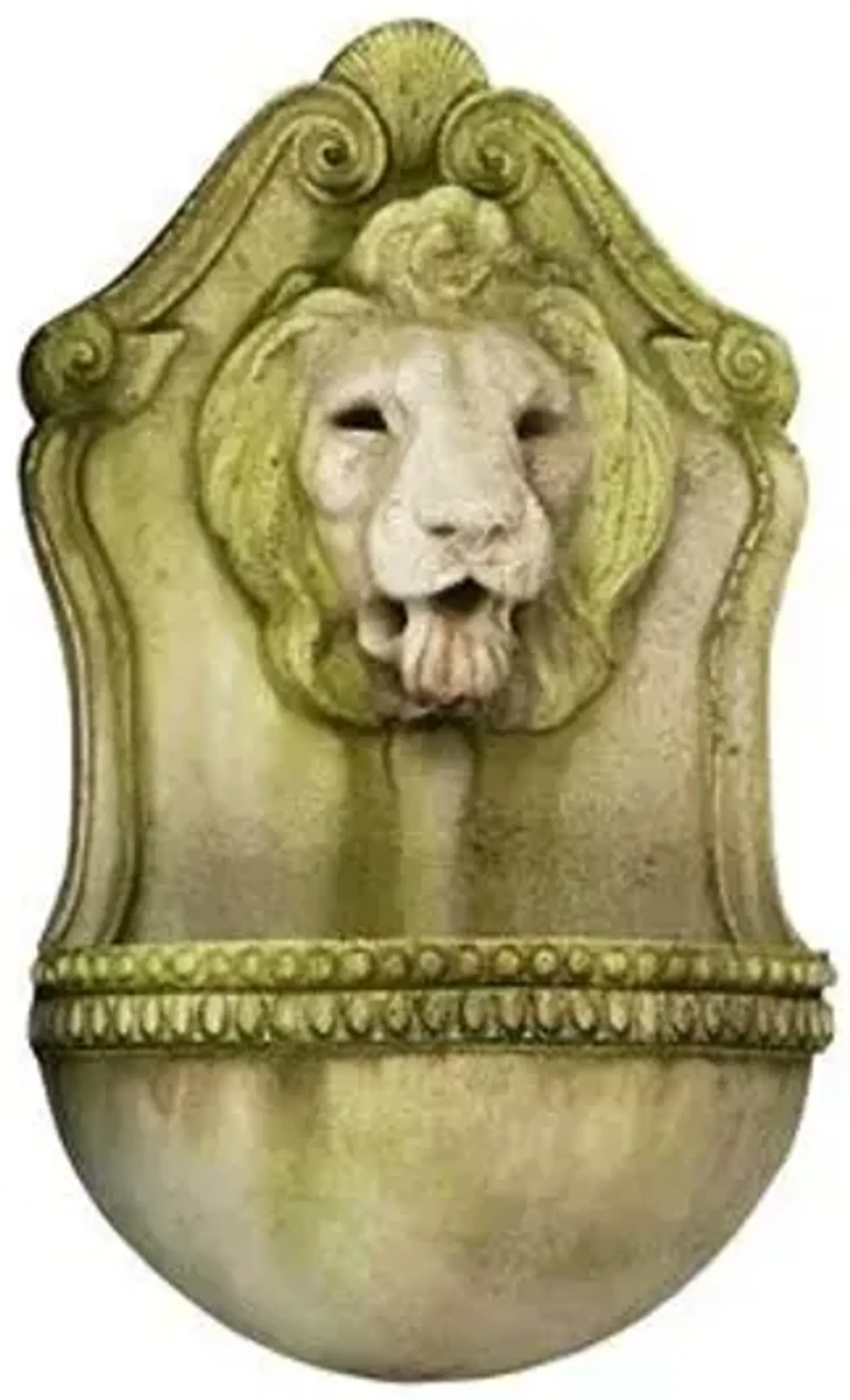 24" Aged Lion Wall Fountain - White Moss - Green