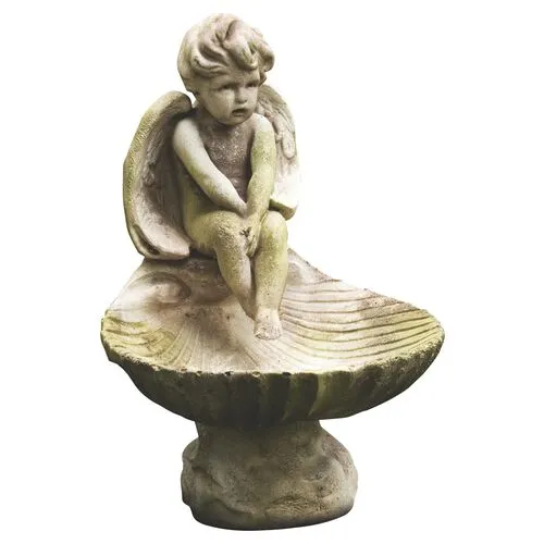 17" Meditating Birdbath - White Moss - Beige