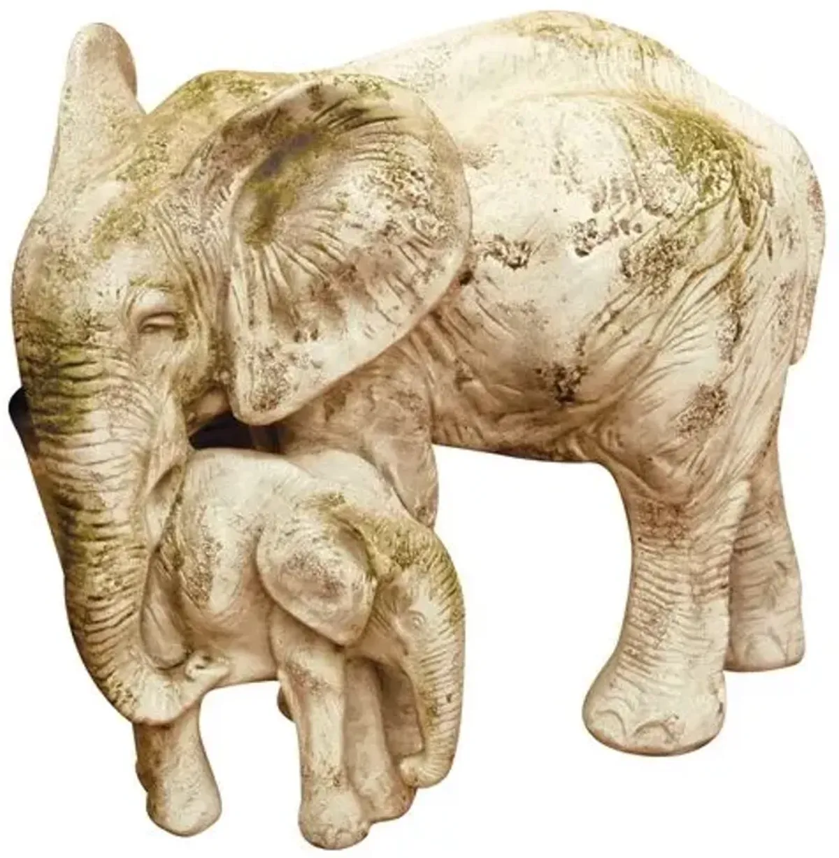 18" Outdoor Bull Elephant & Calf - Antiqued Stone - Beige