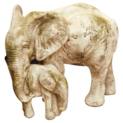 18" Outdoor Bull Elephant & Calf - Antiqued Stone - Beige