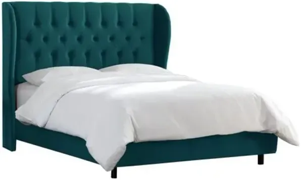 Reed Velvet Wingback Bed - Handcrafted - Green, Mattress, Box Spring Required