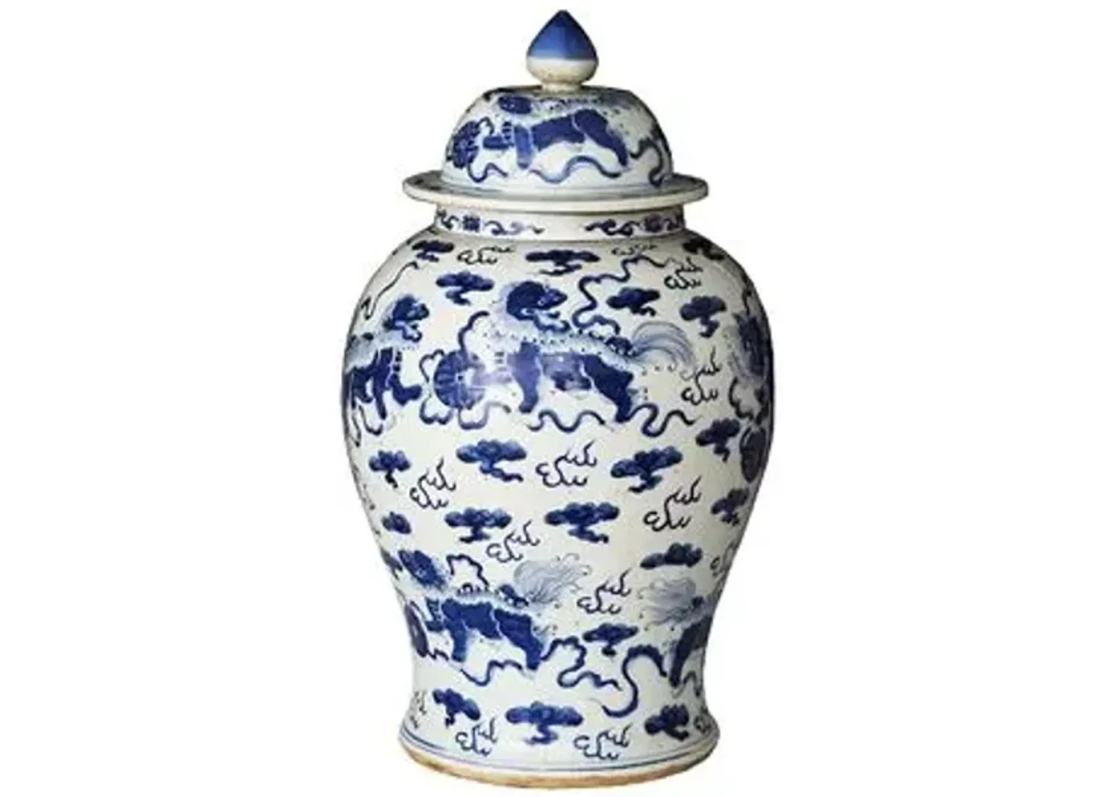 21" Foo Dog Temple Jar - Blue/White