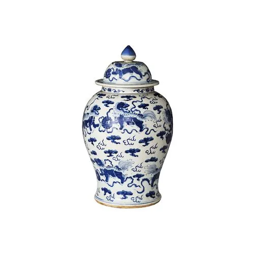 21" Foo Dog Temple Jar - Blue/White