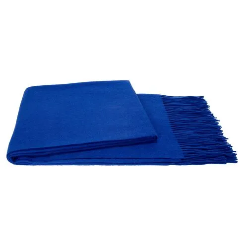 Solid Cashmere Throw - Cobalt - Blue - Lightweight, Soft, Warm, Fringed