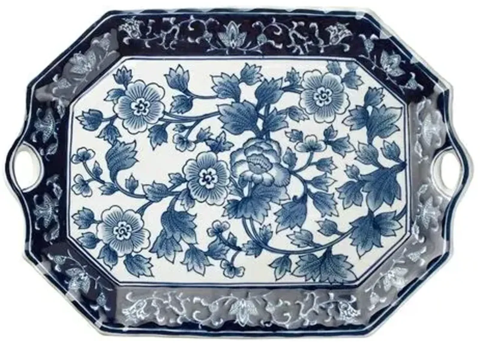 19" Handled Floral Platter - Blue/White