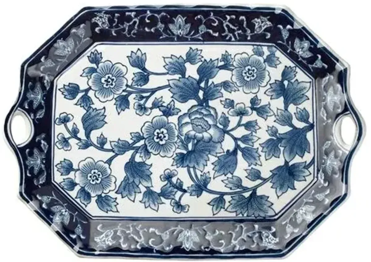 19" Handled Floral Platter - Blue/White