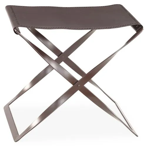 Folding Leather Stool - Global Views - Brown