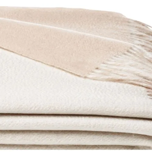 Reversible Cashmere-Blend Throw - Oatmeal - White, Fringed