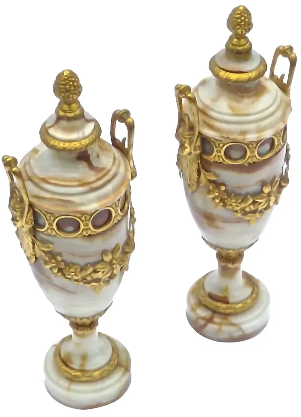 Antique Marble & Gilt Outdoor Urns - Set of 2 - Vermilion Designs - Beige