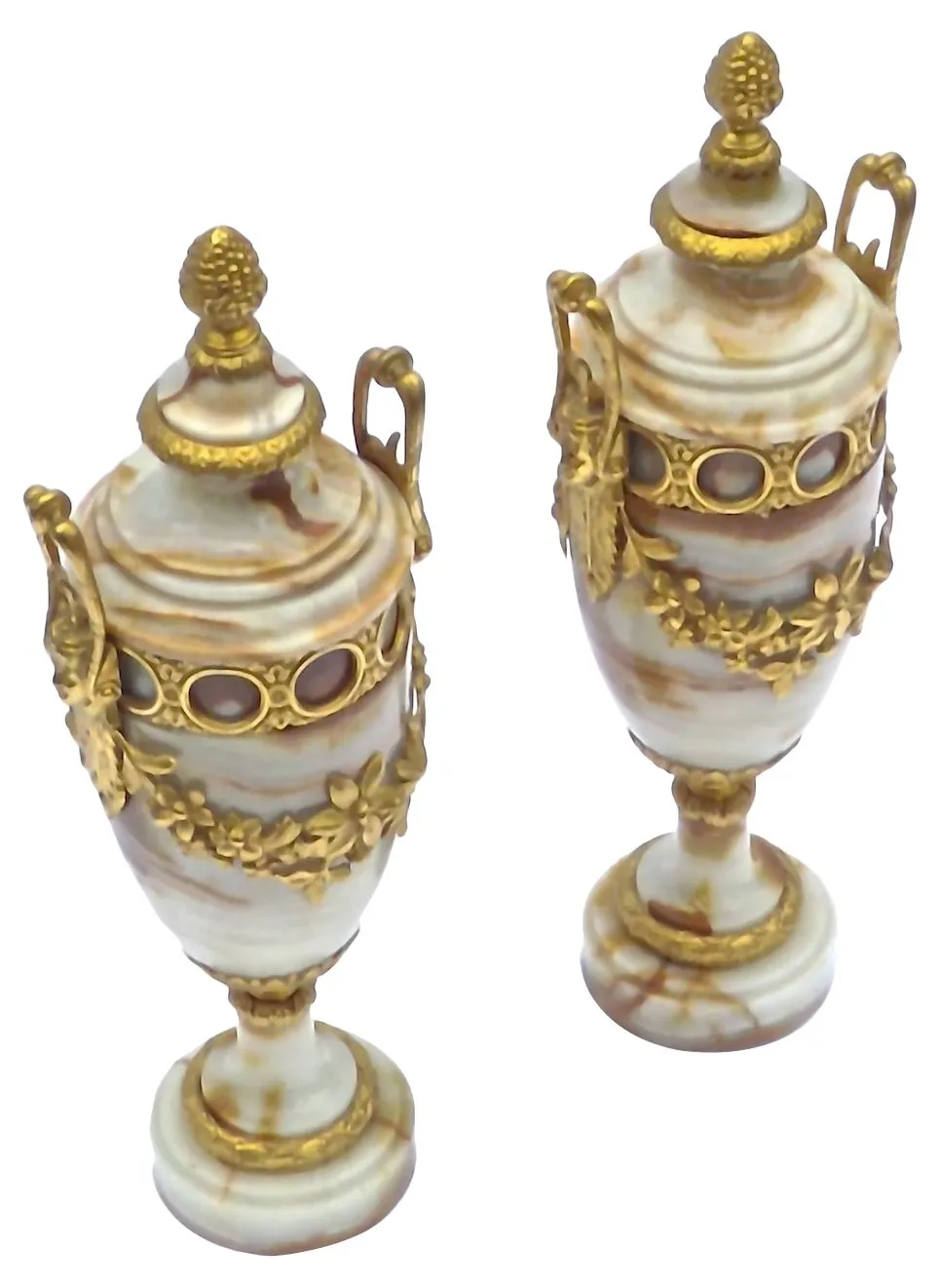 Antique Marble & Gilt Outdoor Urns - Set of 2 - Vermilion Designs - Beige