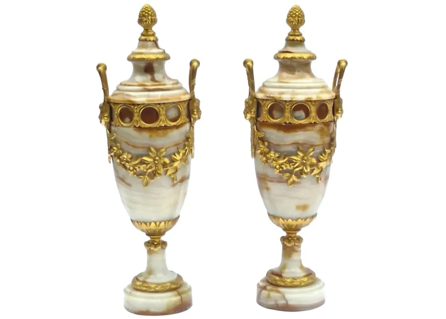 Antique Marble & Gilt Outdoor Urns - Set of 2 - Vermilion Designs - Beige