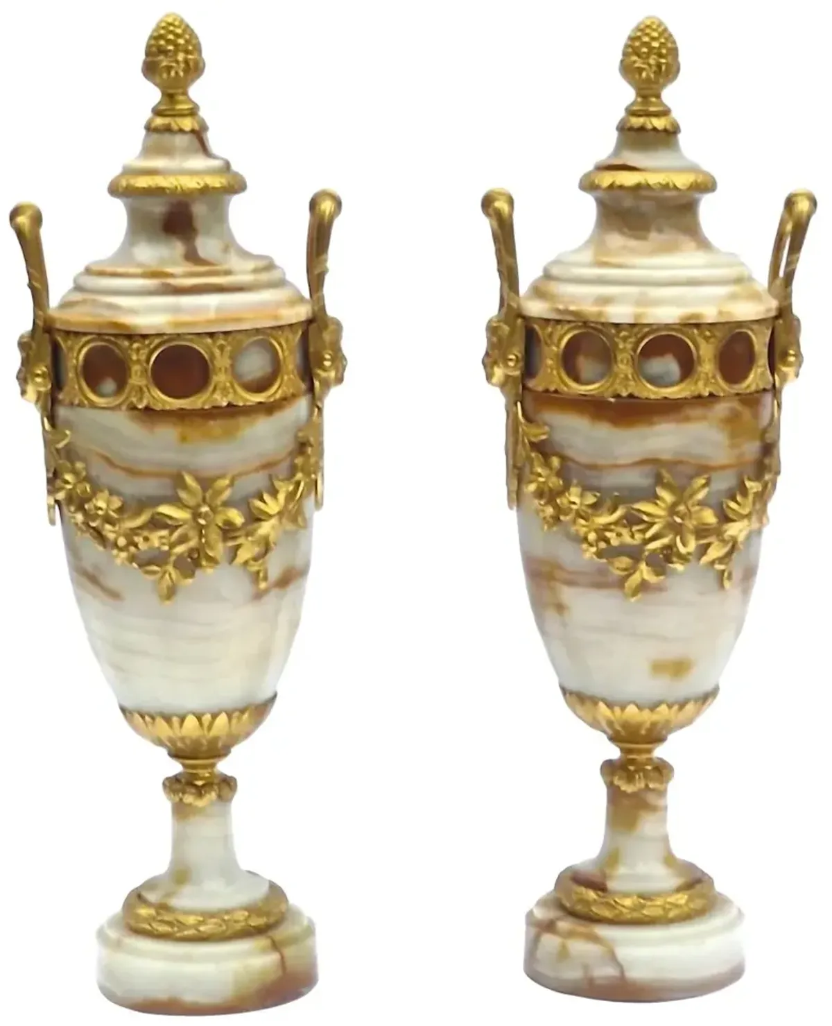 Antique Marble & Gilt Outdoor Urns - Set of 2 - Vermilion Designs - Beige