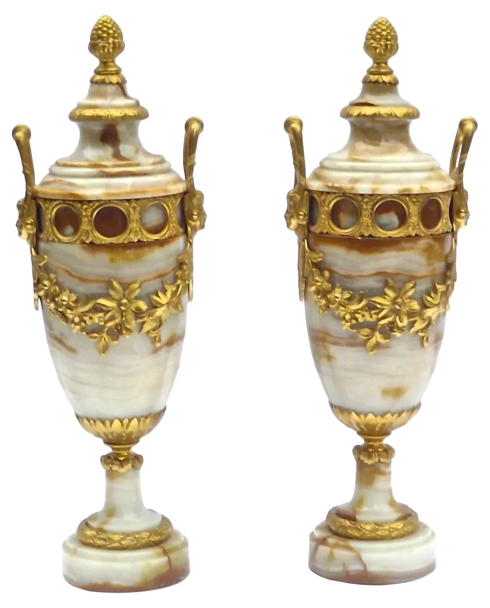 Antique Marble & Gilt Outdoor Urns - Set of 2 - Vermilion Designs - Beige