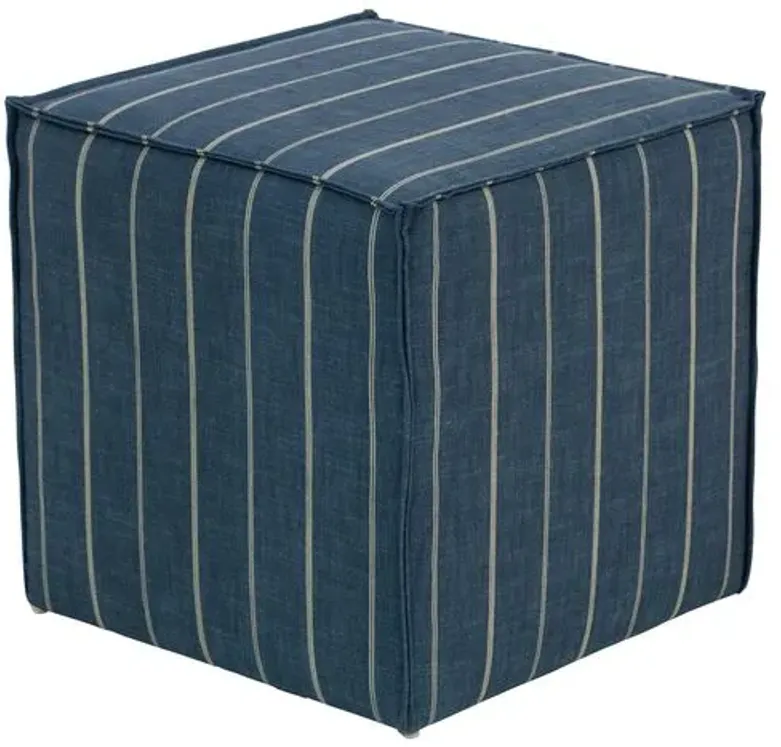 Astair French Seam Cube Ottoman - Fritz - Handcrafted - Blue