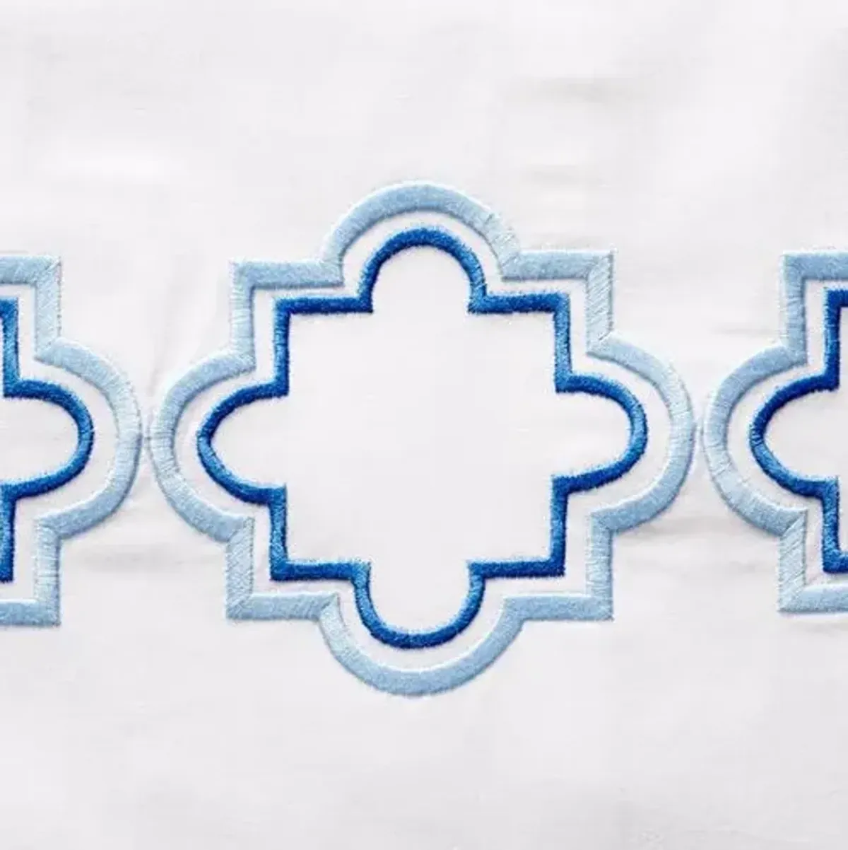 Quatrefoil Embroidered Outline Sheet Set - Hamburg House - White, 300 Thread Count, Egyptian Cotton Sateen, Soft and Luxurious