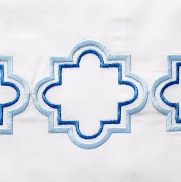 Quatrefoil Embroidered Outline Sheet Set - Hamburg House - White, 300 Thread Count, Egyptian Cotton Sateen, Soft and Luxurious