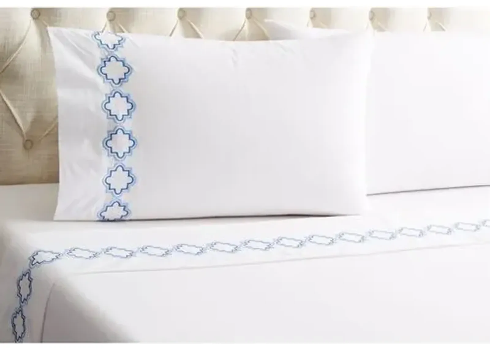 Quatrefoil Outline Sheet Set - Blue - Hamburg House - White, 300 Thread Count, Egyptian Cotton Sateen, Soft and Luxurious