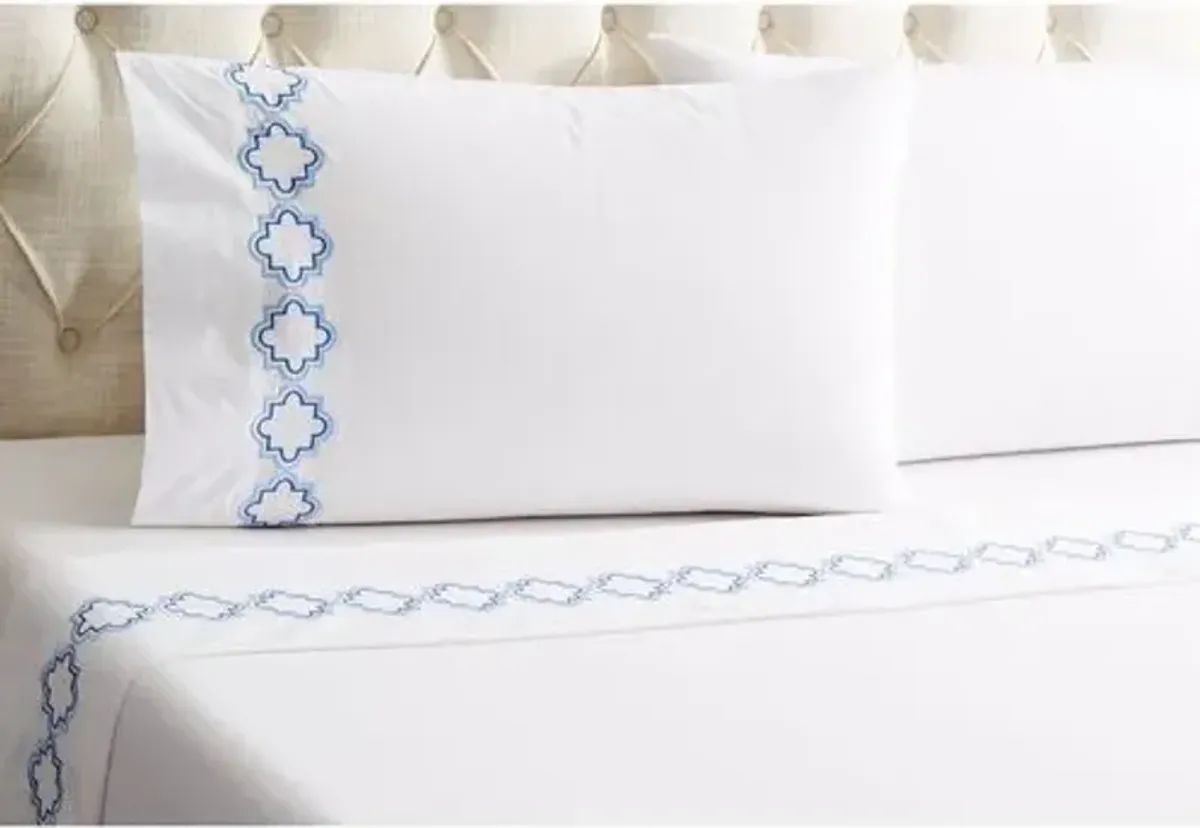 Quatrefoil Outline Sheet Set - Blue - Hamburg House - White, 300 Thread Count, Egyptian Cotton Sateen, Soft and Luxurious