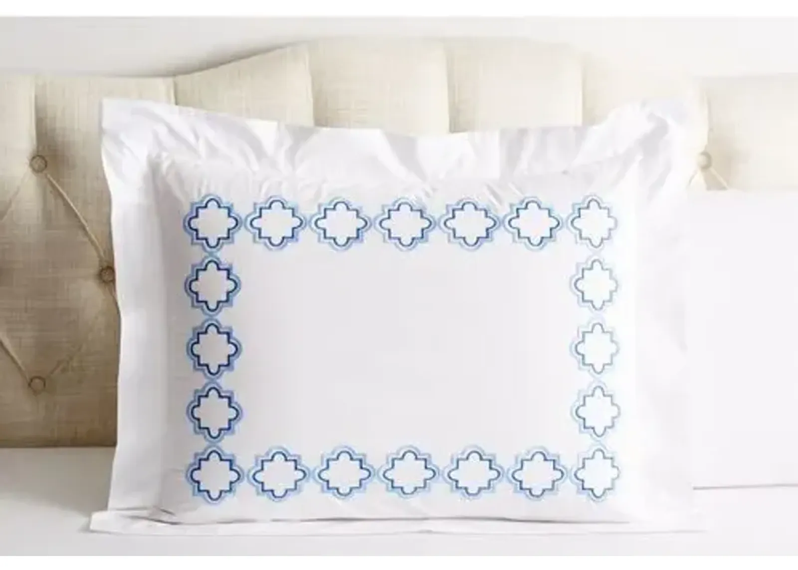 Quatrefoil Outline Sham - Blue - Hamburg House - White