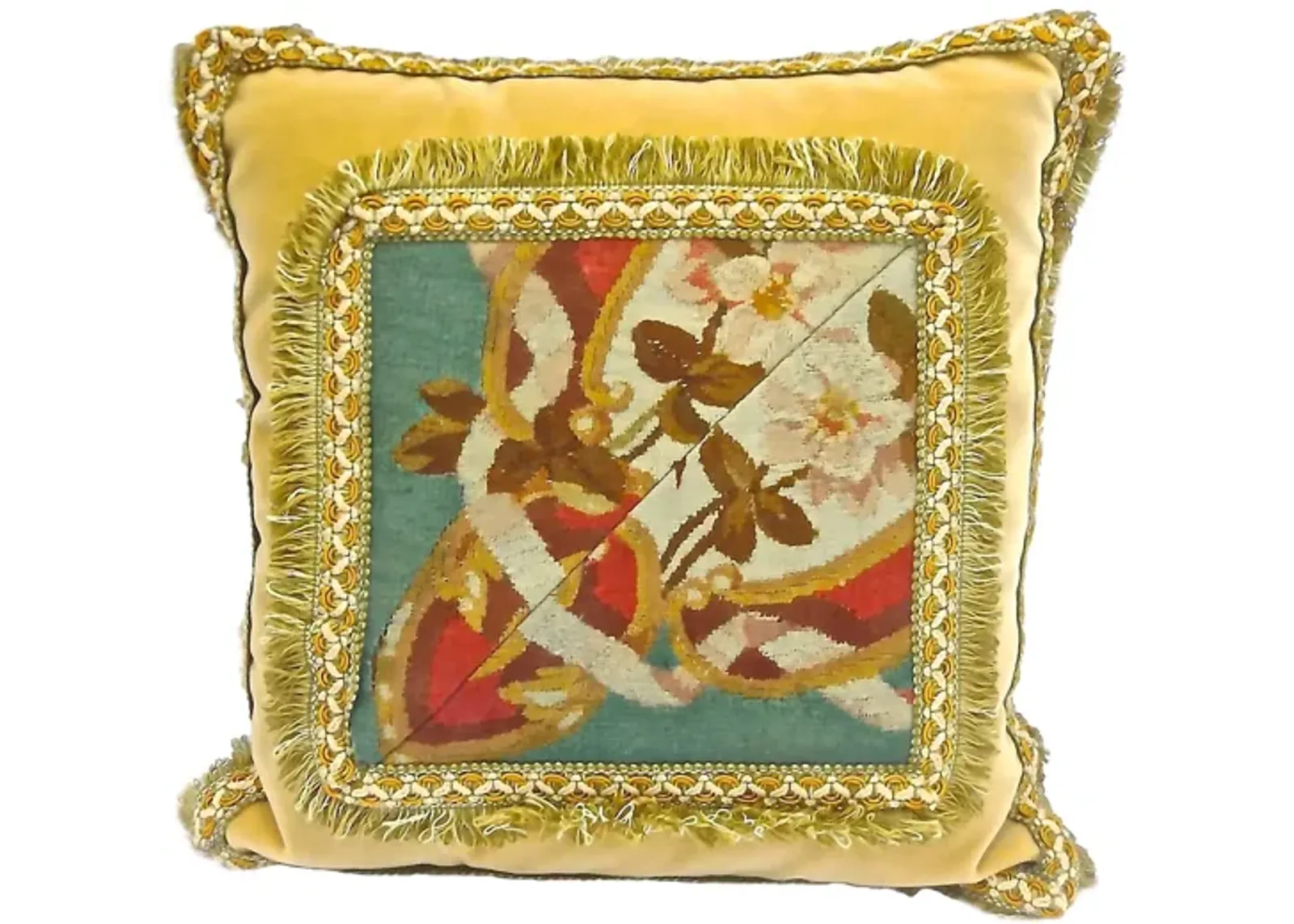 19th-C. Velvet & Floral Aubusson Pillow - Vermilion Designs