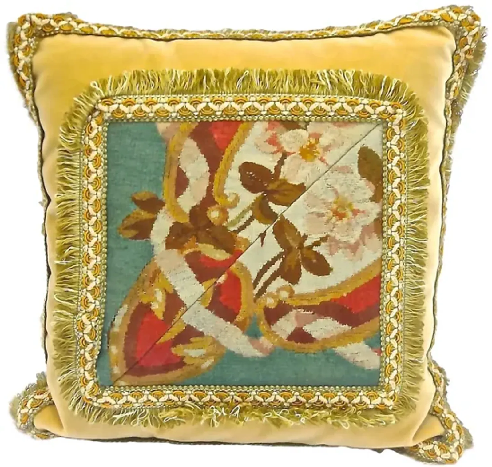 19th-C. Velvet & Floral Aubusson Pillow - Vermilion Designs