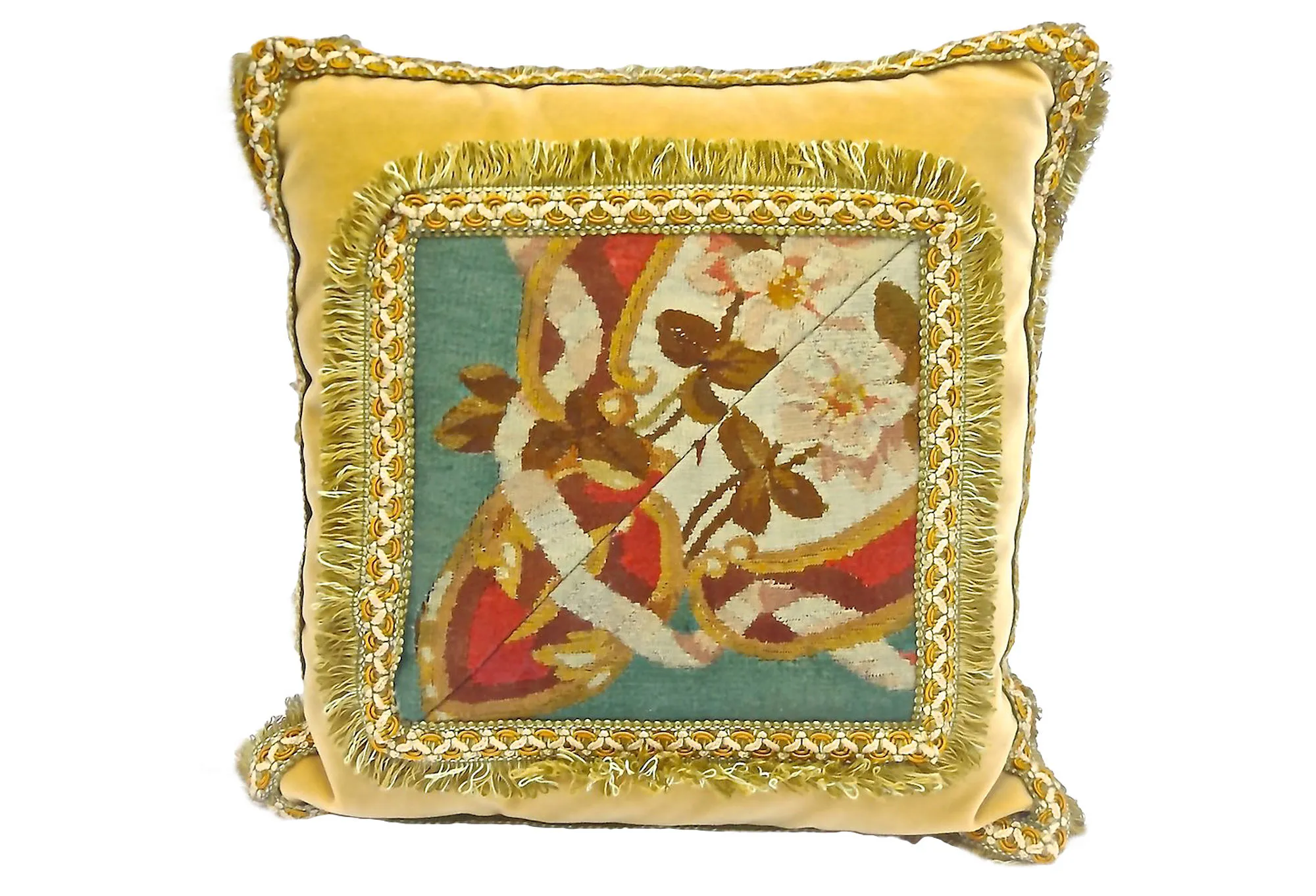 19th-C. Velvet & Floral Aubusson Pillow - Vermilion Designs