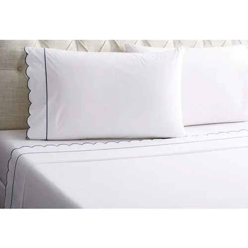 Ruffle Scallop Sheet Set - Navy - Hamburg House - Blue, 300 Thread Count, Egyptian Cotton Sateen, Soft and Luxurious