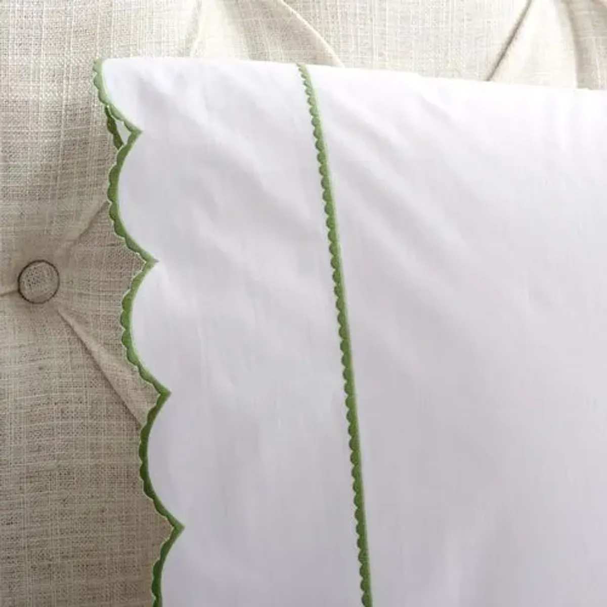 Ruffle Embroidered Scallop Sheet Set - Hamburg House - Green, 300 Thread Count, Egyptian Cotton Sateen, Soft and Luxurious