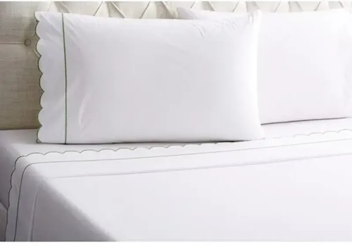 Ruffle Embroidered Scallop Sheet Set - Hamburg House - Green, 300 Thread Count, Egyptian Cotton Sateen, Soft and Luxurious