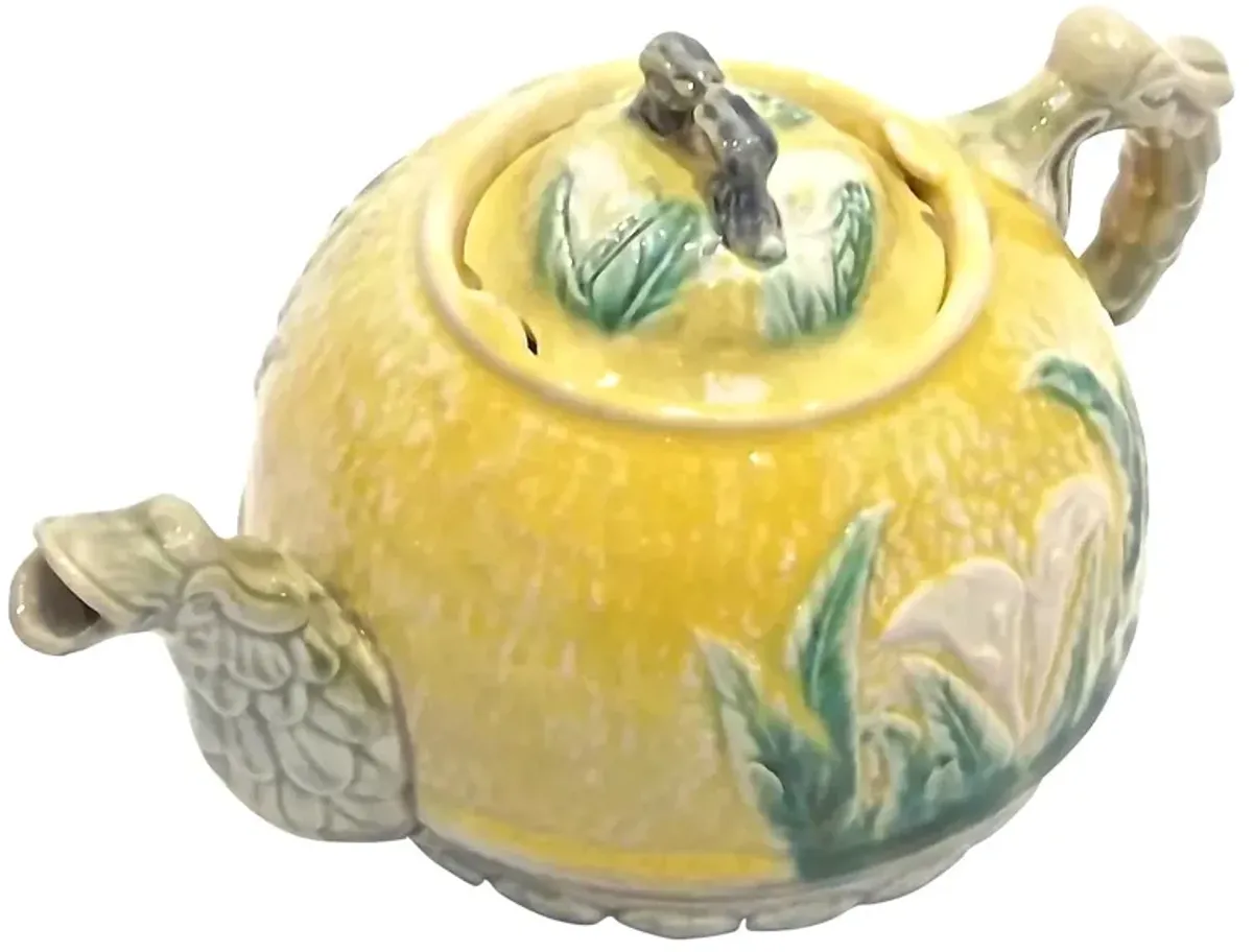 Ant. Majolica Calla Lily & Dragon Teapot - Vermilion Designs - Yellow