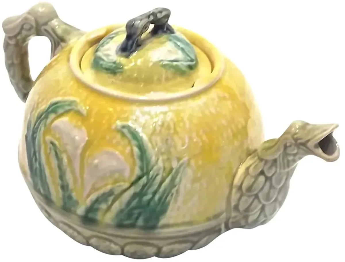 Ant. Majolica Calla Lily & Dragon Teapot - Vermilion Designs - Yellow