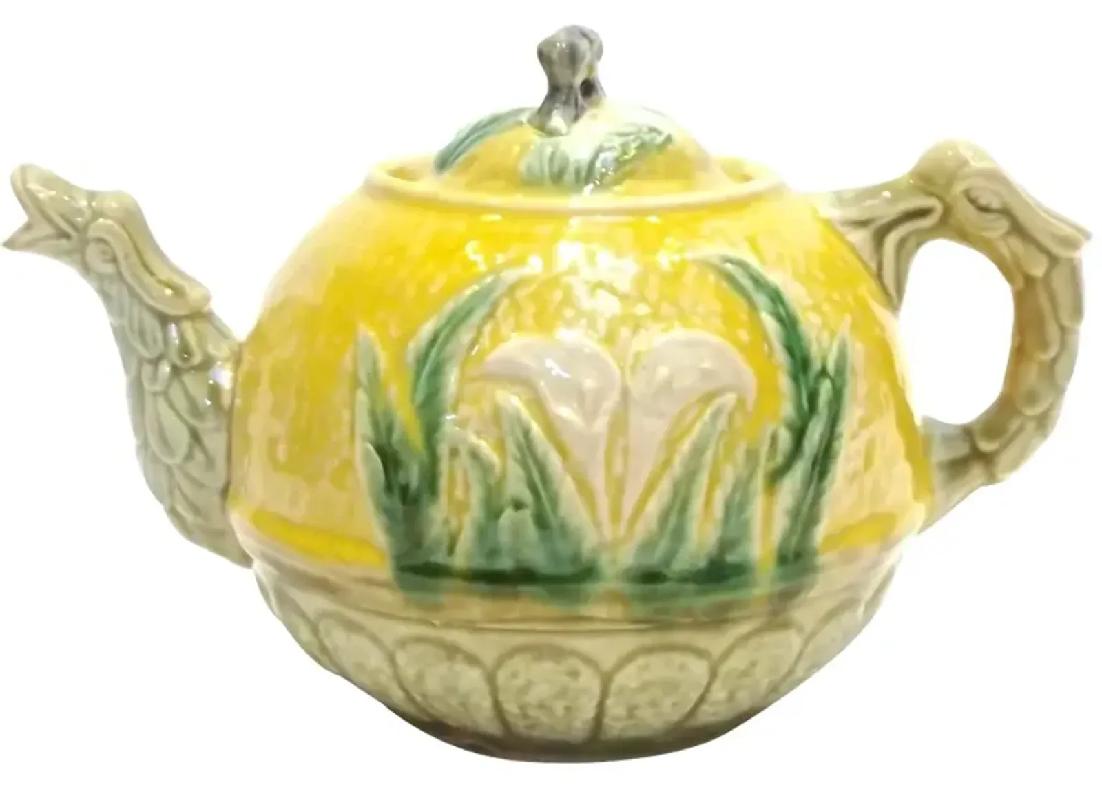 Ant. Majolica Calla Lily & Dragon Teapot - Vermilion Designs - Yellow