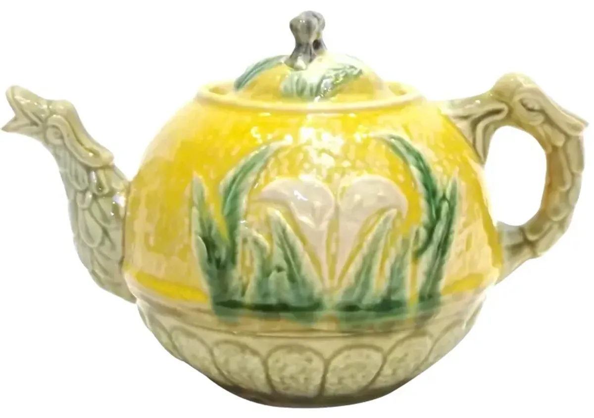 Ant. Majolica Calla Lily & Dragon Teapot - Vermilion Designs - Yellow