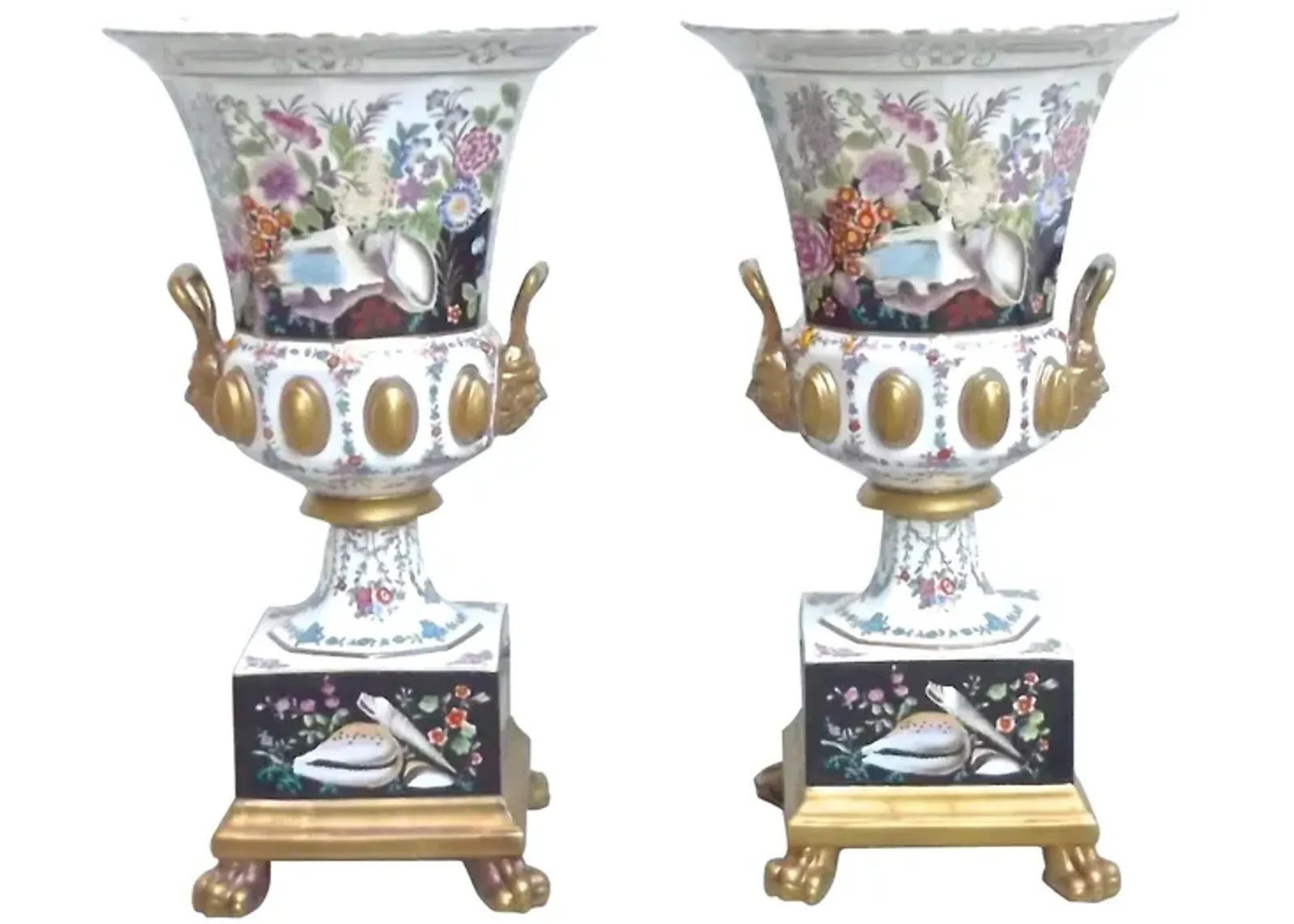 Chelsea House Floral-Shell Outdoor Urn Vases - Pr - Vermilion Designs - Ivory