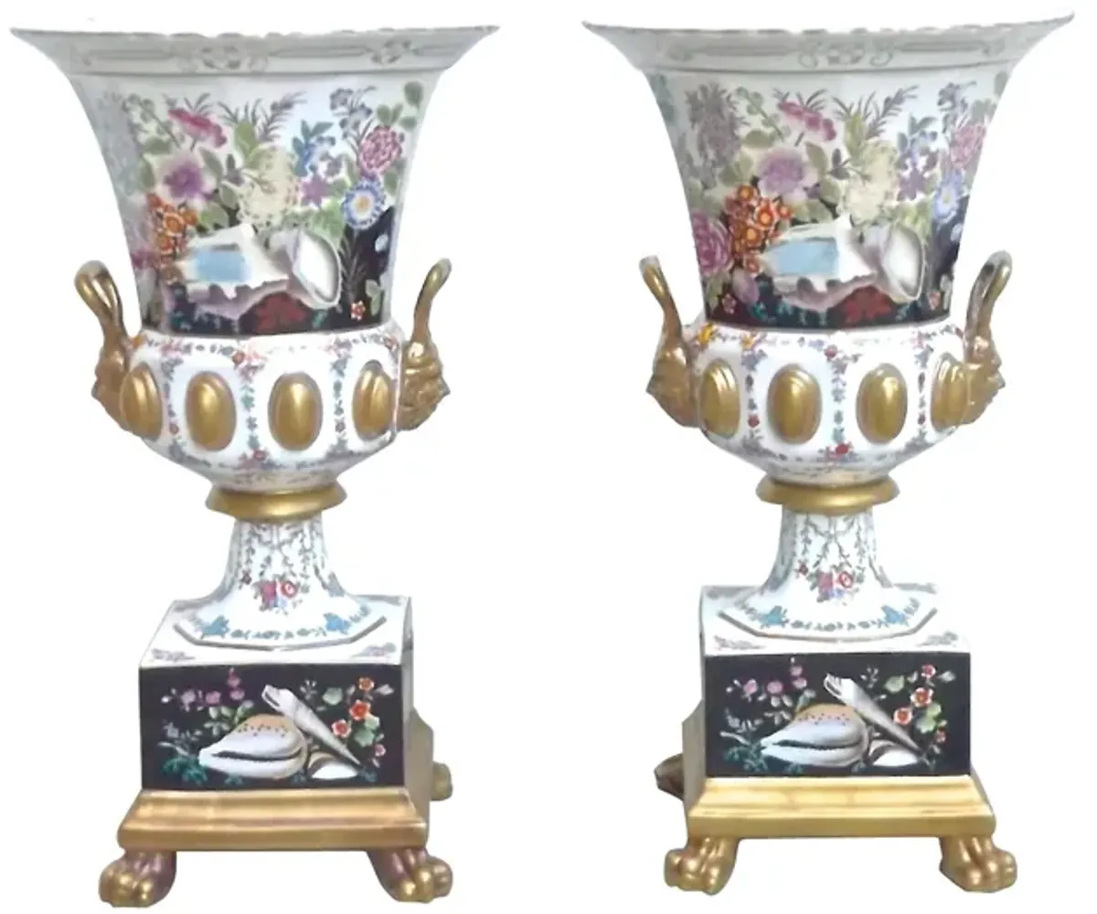 Chelsea House Floral-Shell Outdoor Urn Vases - Pr - Vermilion Designs - Ivory