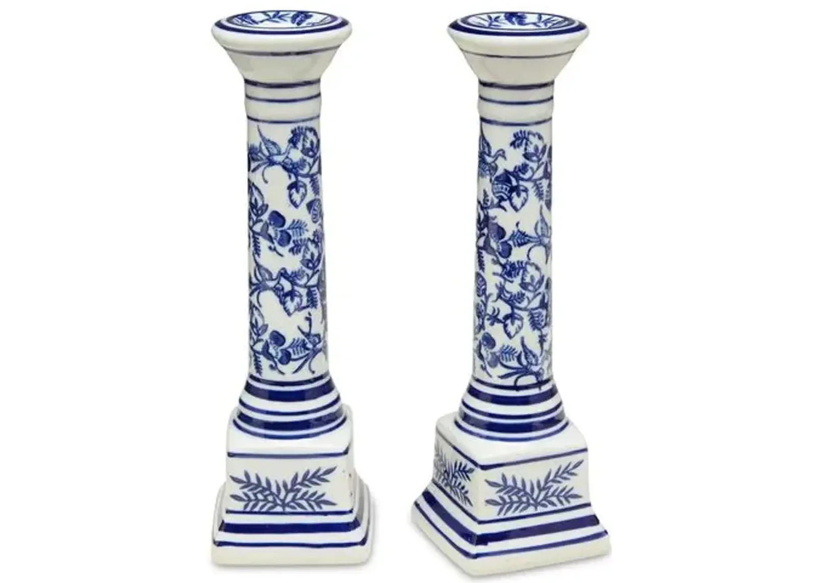 Set of 2 Floral Candlesticks - Blue/White