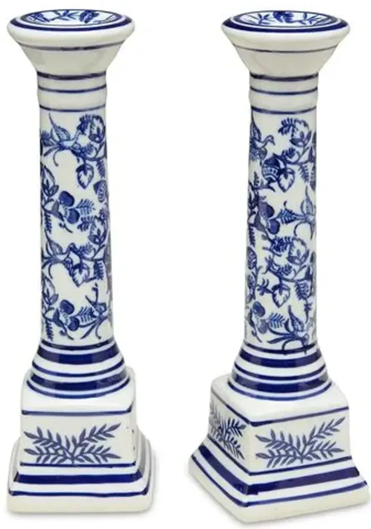 Set of 2 Floral Candlesticks - Blue/White