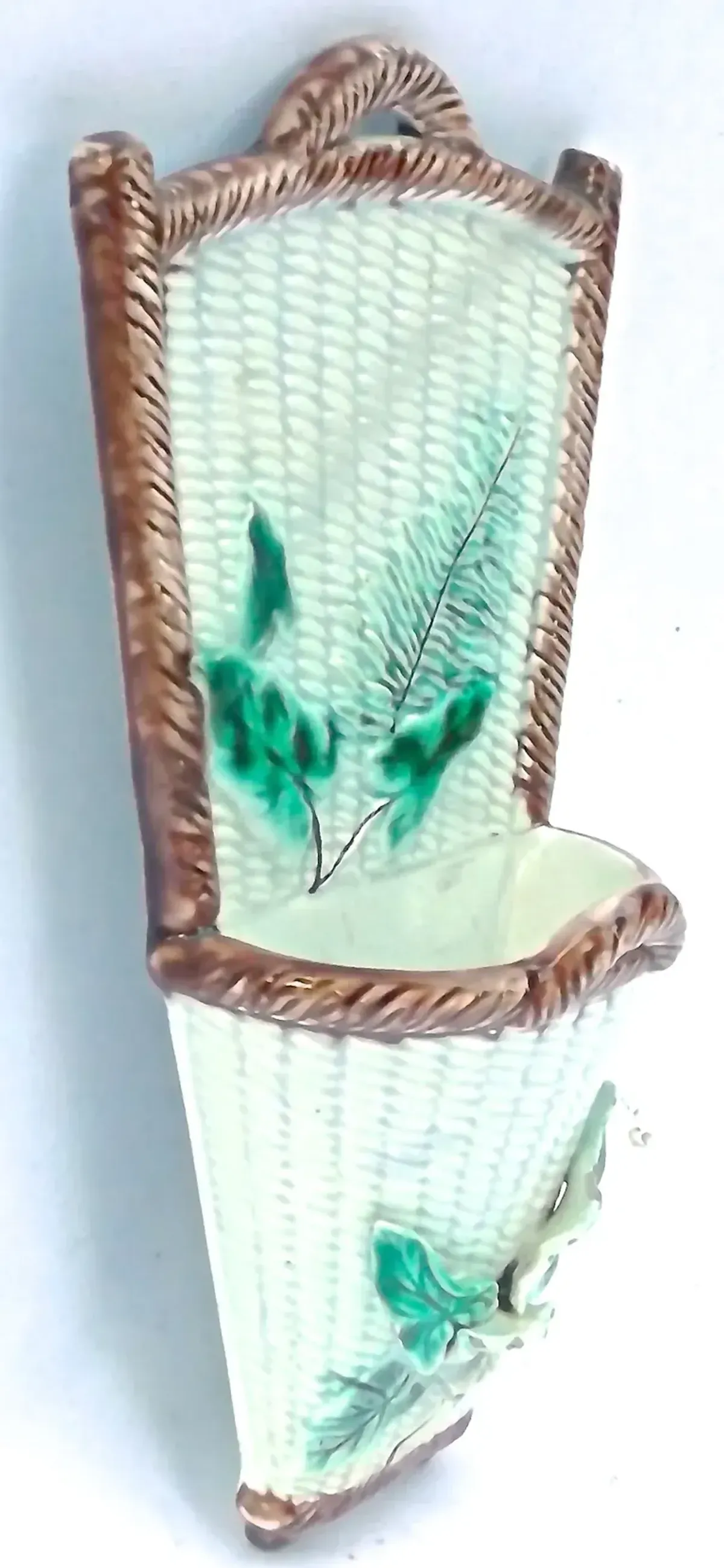 Fern & Leaf Majolica Basket Wall Pocket - Vermilion Designs - Blue